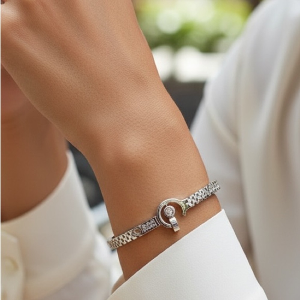 stainless steel bangle bracelet crystal-encrusted closure Silver tone NEW
